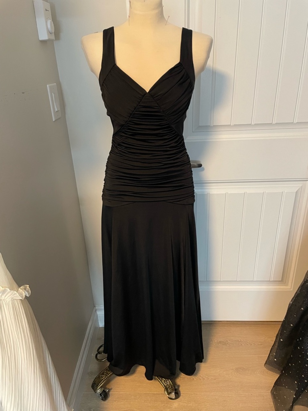 Vintage Black Ruched Maxi Dress xs